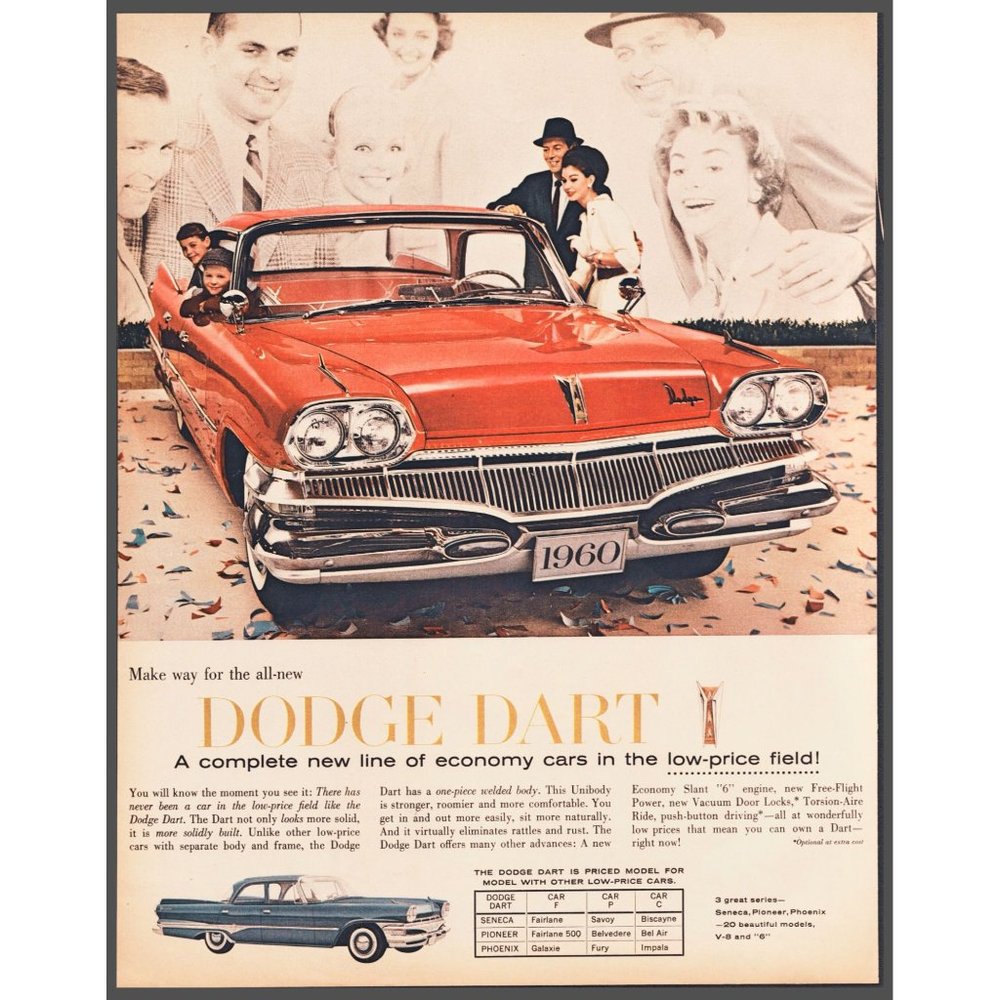 1960 Dodge Dart Red Hardtop 4 Door Sedan Vintage Print Ad Chrome Family Wall Art
